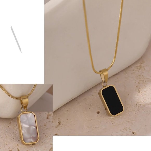New 18K Gold Plated Double Sided White Shell Black Enamel Rectangular Necklace - Picture 1 of 7